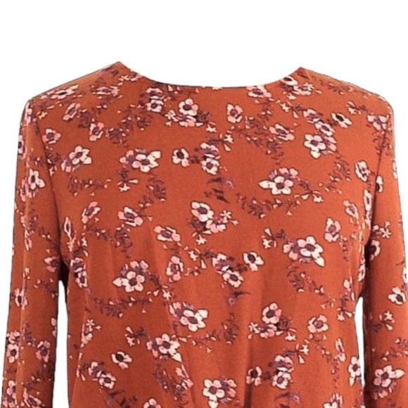 🌺 Self E Boho Tie Front Long Bell Sleeve Burnt Orange Floral Blouse Size XL - Picture 3 of 10
